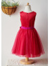 Red Satin Tulle Knee Length Flower Girl Dress With Handmade Rose